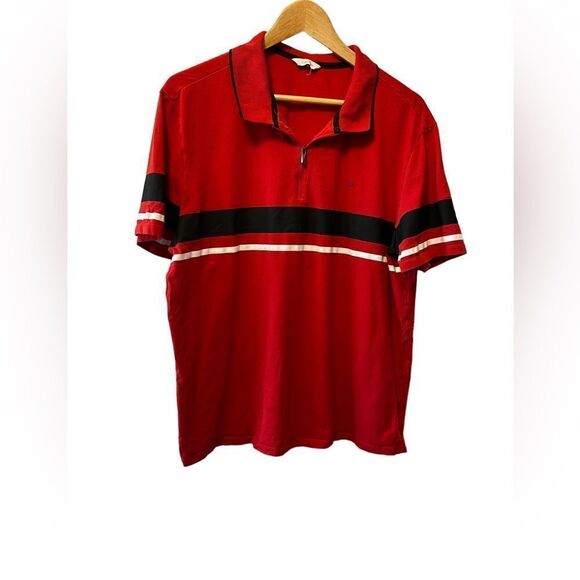 CALVIN KLEIN Red Stripe Zip Collar Collared Polo Short Sleeve Shirt L - Picture 1 of 8